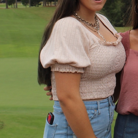 Free people brown rouched puff sleeve croptop - Picture 3 of 3